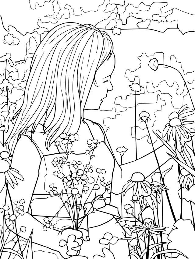 Little girl in the flower - bed