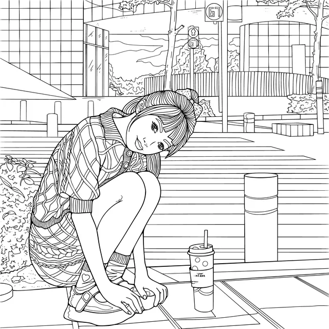 Girl tying shoelaces on the street