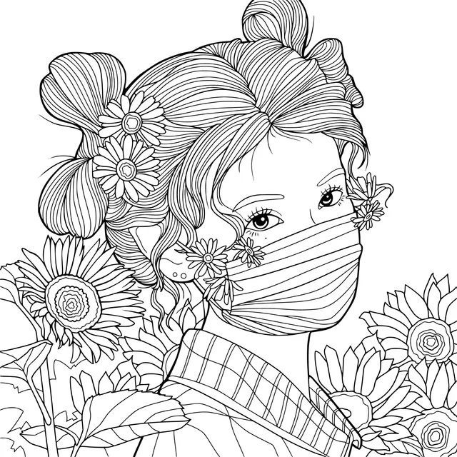 A Flowery Girl Wearing a Rainbow - Colored Mask
