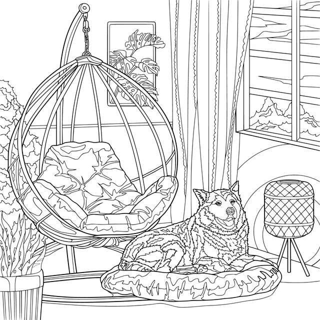 Husky and Hanging Chair in the Room