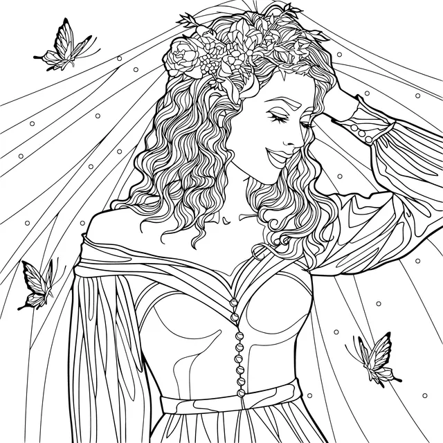 Dreamy woman in purple dress with a flower crown