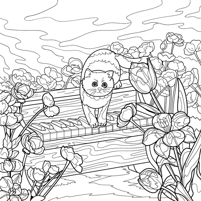 Cat on the Piano in the Flower - bed