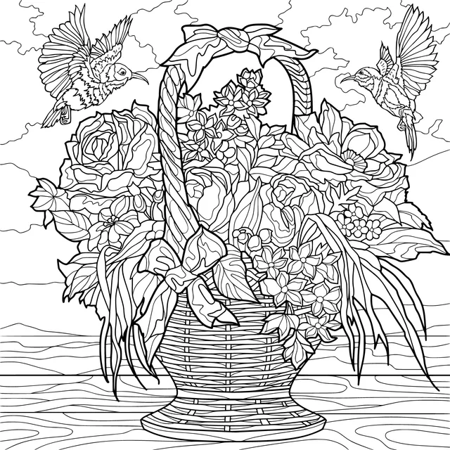 Flower Basket and Flying Birds
