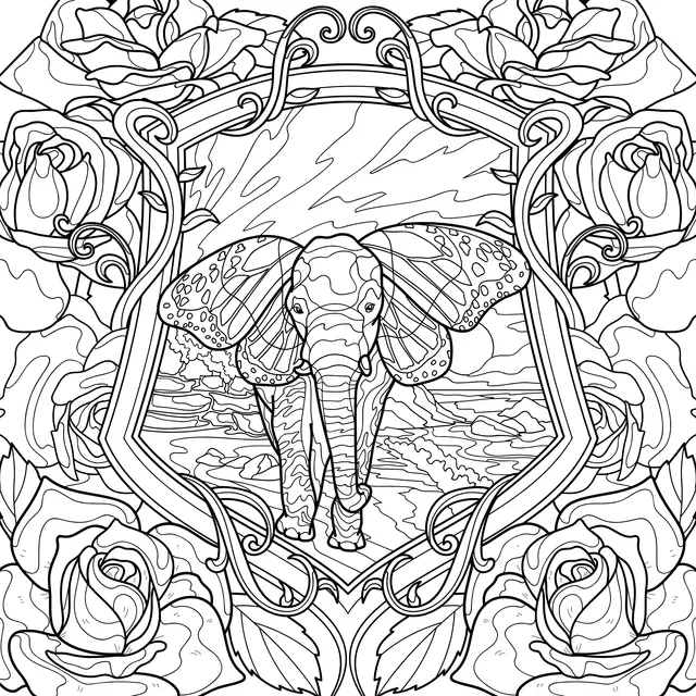 Elephant with butterfly wings surrounded by roses