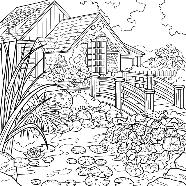 Rural Cottage and Pond Scene