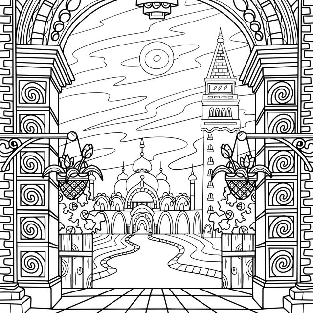 Dreamy architectural landscape behind the arch