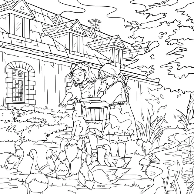 Girls feeding ducks in the courtyard