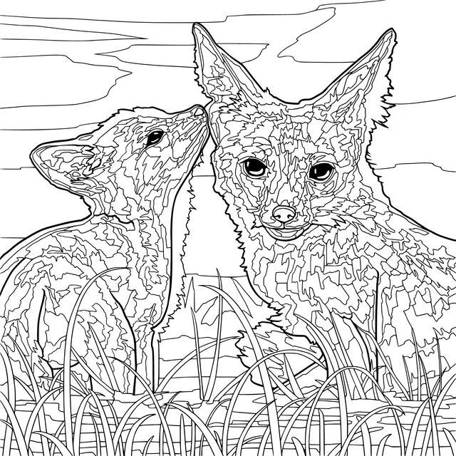 Mother and cub foxes on the grass