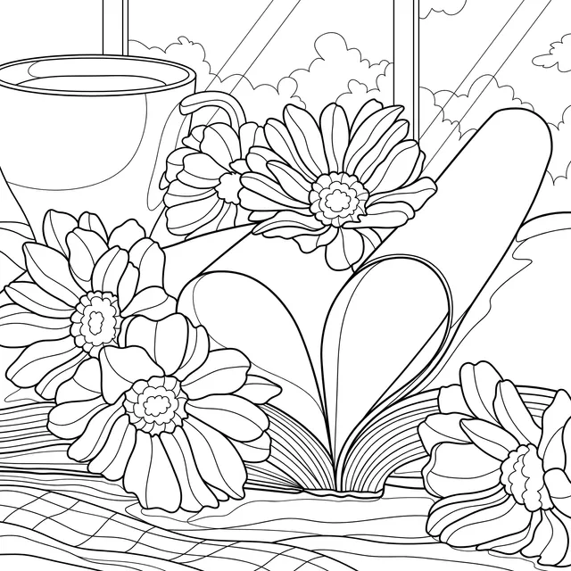 Flowers, Book and Coffee by the Window