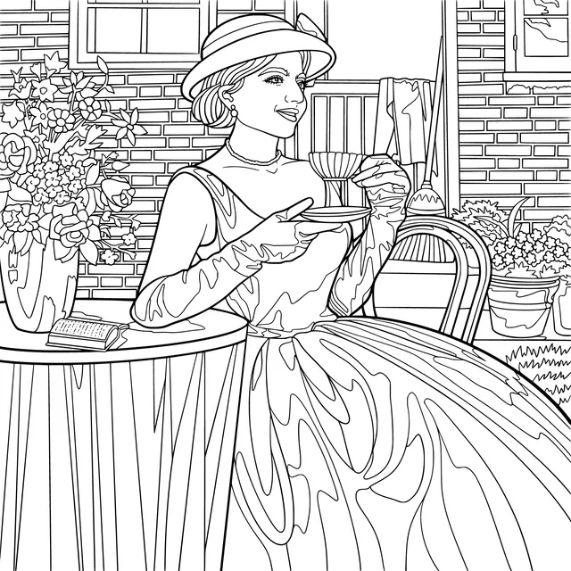 Elegant Lady Enjoying Tea Outdoors
