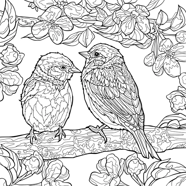 Two Sparrows on a Flower - laden Branch