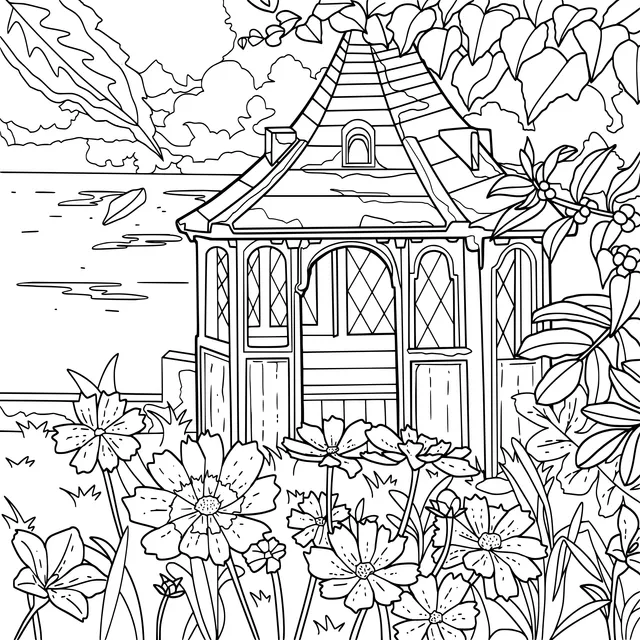 Flower - adorned Pavilion by the Seaside