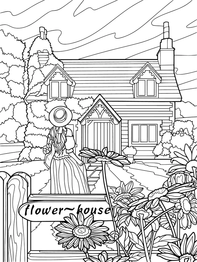 Woman in front of the flower - house