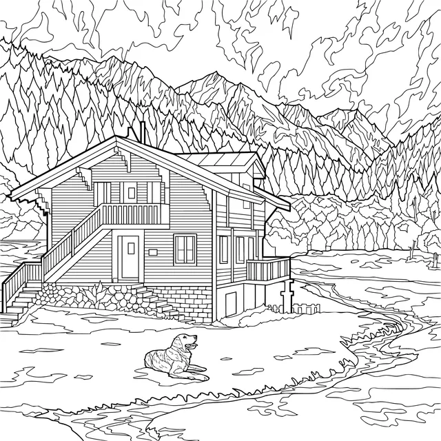 Mountain Cabin and Resting Animal