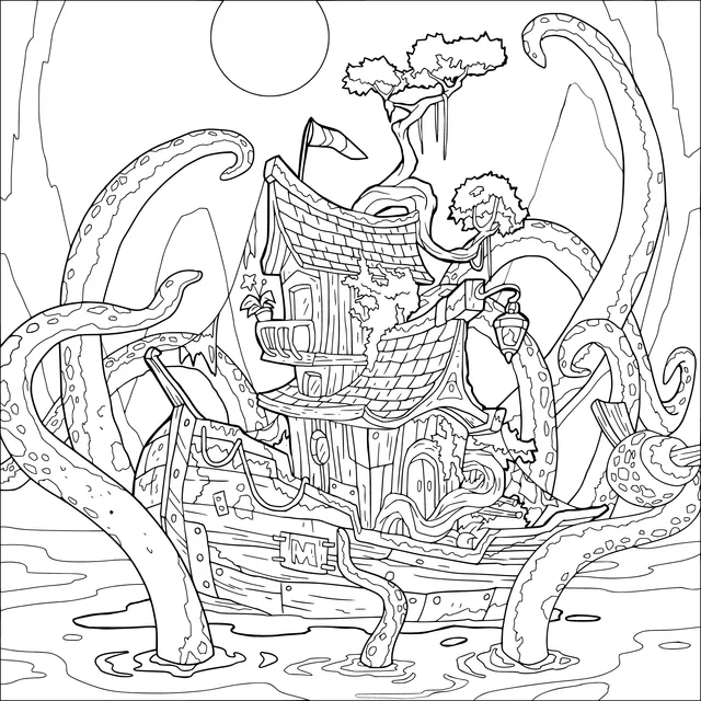 A Magical Boat - House Surrounded by Octopus Tentacles