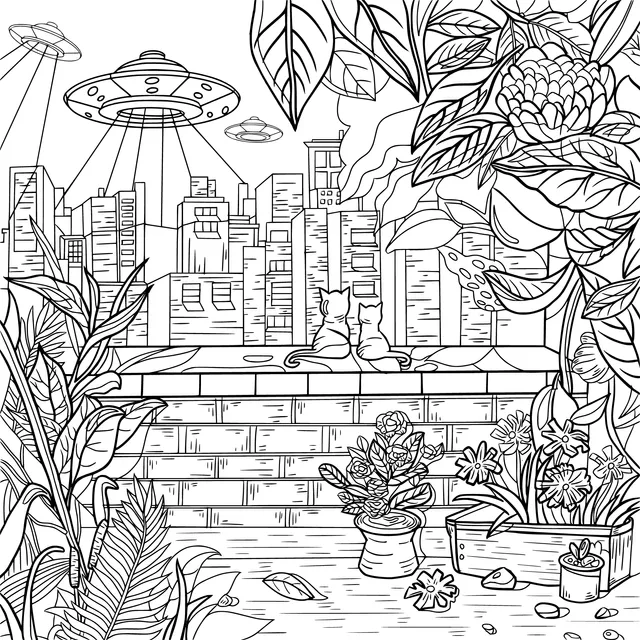 City and UFO scene from a cat's perspective