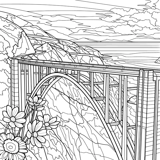 Bridge and Landscape with Mountains, Water and Flowers