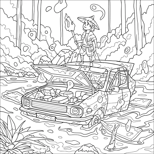 Explorer holding a torch on a broken car in the water