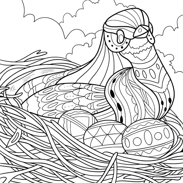 Colorful - feathered Bird and Easter Eggs in the Nest