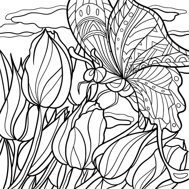 Colorful Butterfly and Tulips
