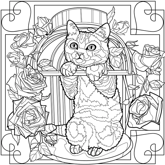 Cute Cat in a Cage with Roses
