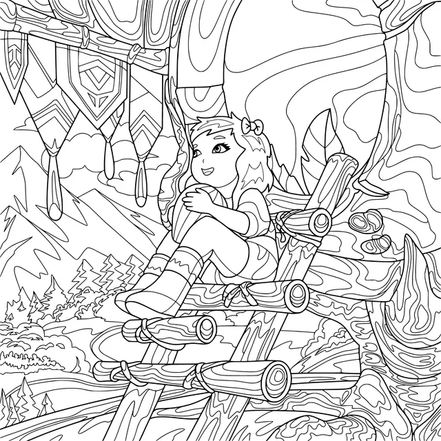 Girl sitting on the wooden ladder of a tree - house