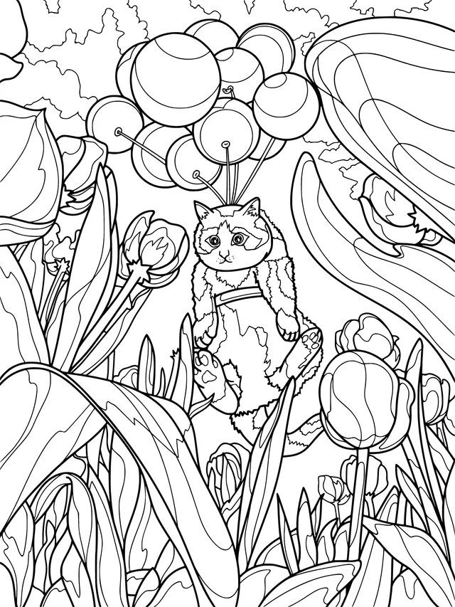 Cat riding balloons through a flower - filled area