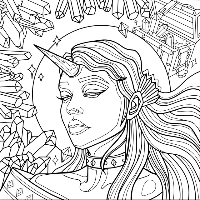Blonde - haired woman with a unicorn horn beside crystals and treasure