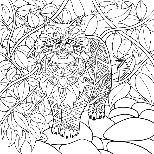 Ornamented cat among green leaves