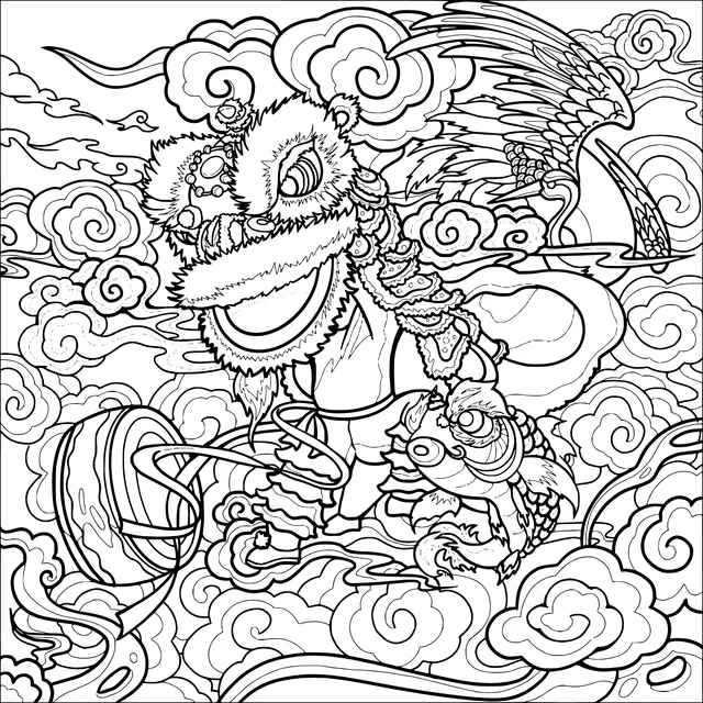 Lion - dancing and Auspicious Cranes with Clouds Picture