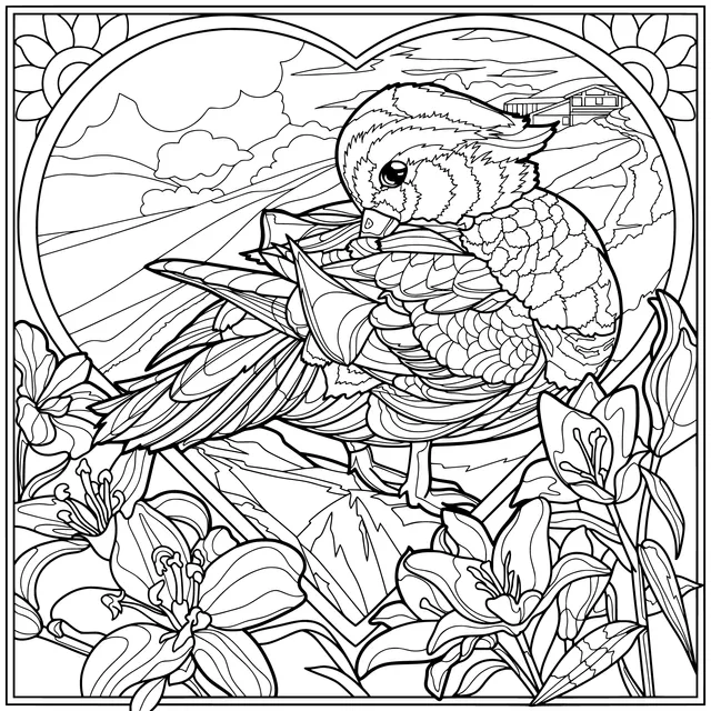 Colorful Bird and Flowers in a Heart - shaped Frame