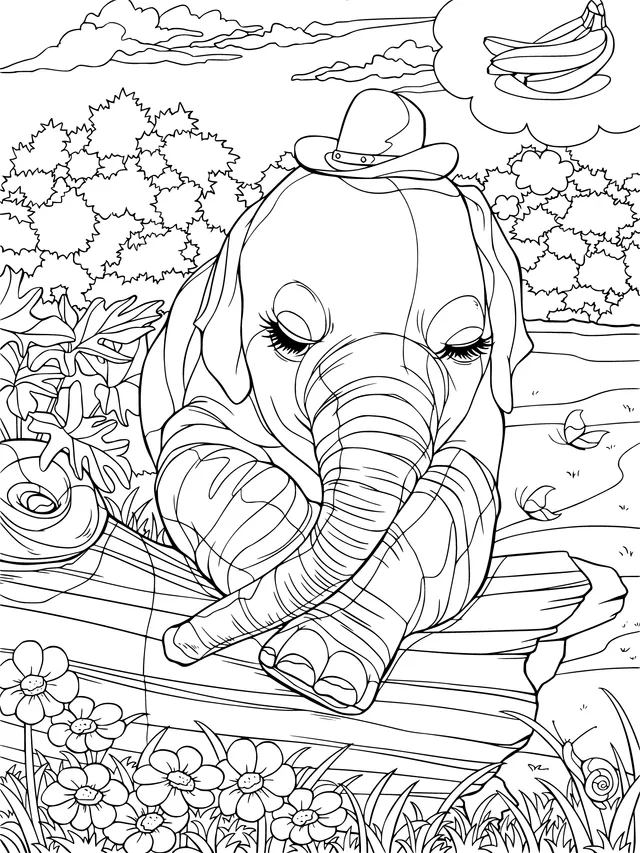 An elephant wearing a hat and daydreaming about bananas