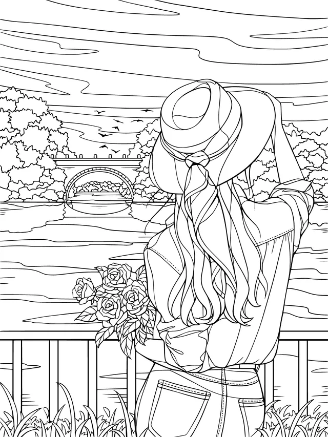 Woman with flowers enjoying the scenery by the river