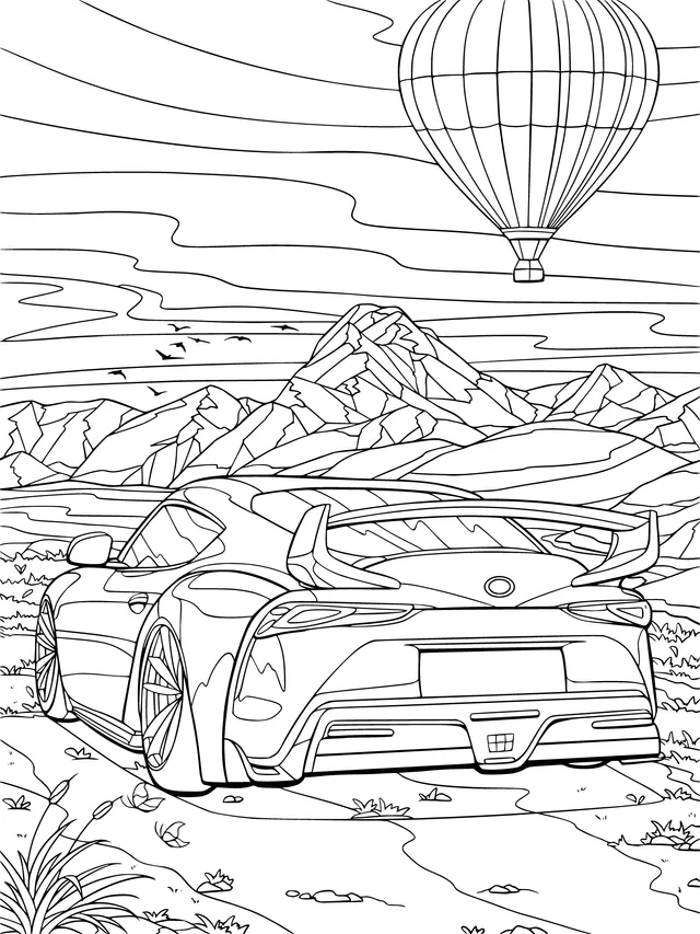 Pink sports car and hot - air balloon in the mountains