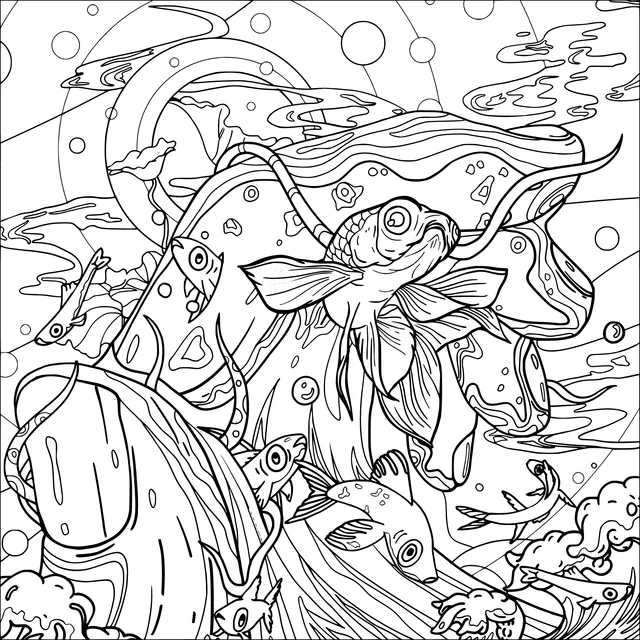 Goldfish Leaping Through Waves