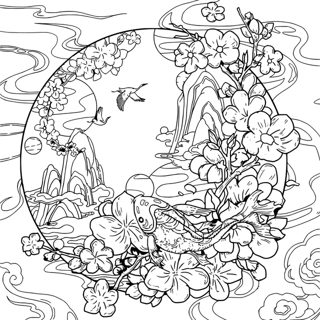 Koi Fish and Blooming Flowers in Landscape