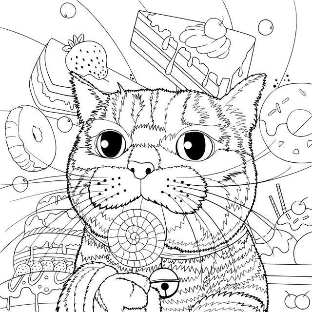 Cat holding a lollipop with desserts