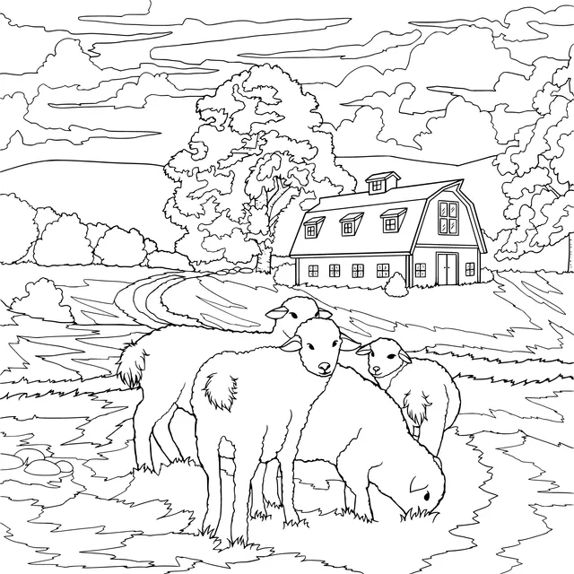 Pastoral Idyll: Sheep Flock by the Farmhouse