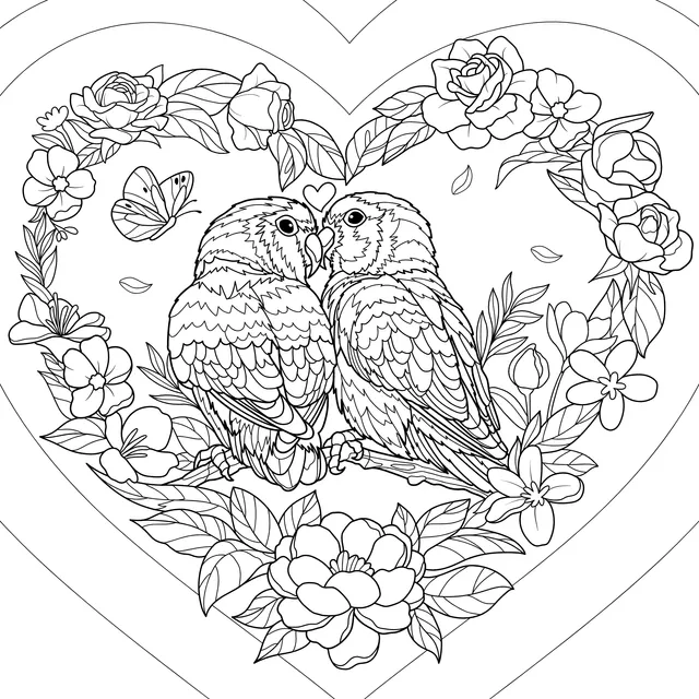 Lovebird Couple in a Heart - Shaped Floral Wreath