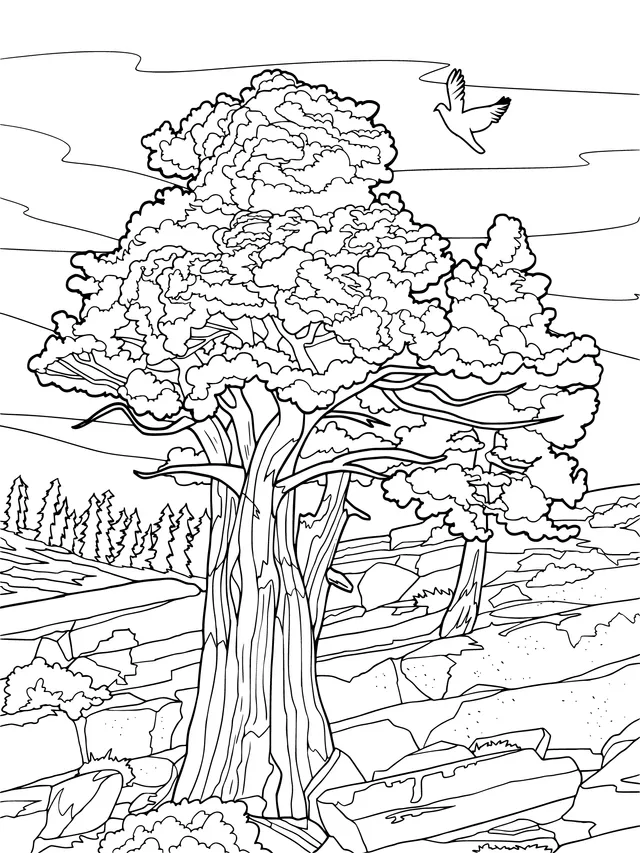 Big Trees and Flying Bird among Rocks