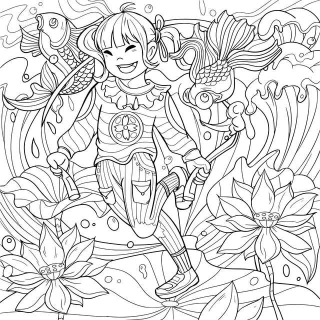 Joyful Girl Accompanied by Koi Fish