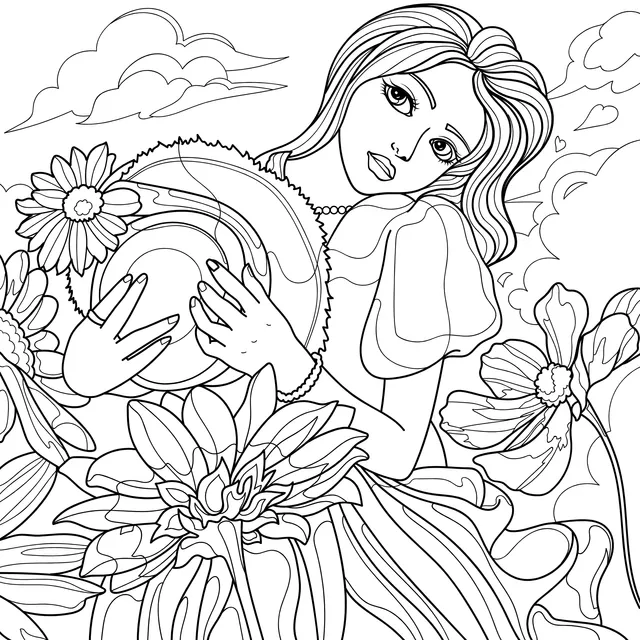 Girl in Yellow Flowers Holding a Hat