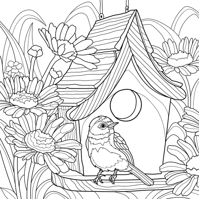Birdhouse and Bird among Flowers