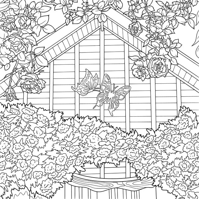 Cottage Surrounded by Flowers and Butterflies