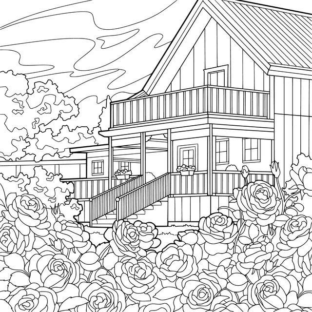 Cottage in a Rose Garden at Sunset