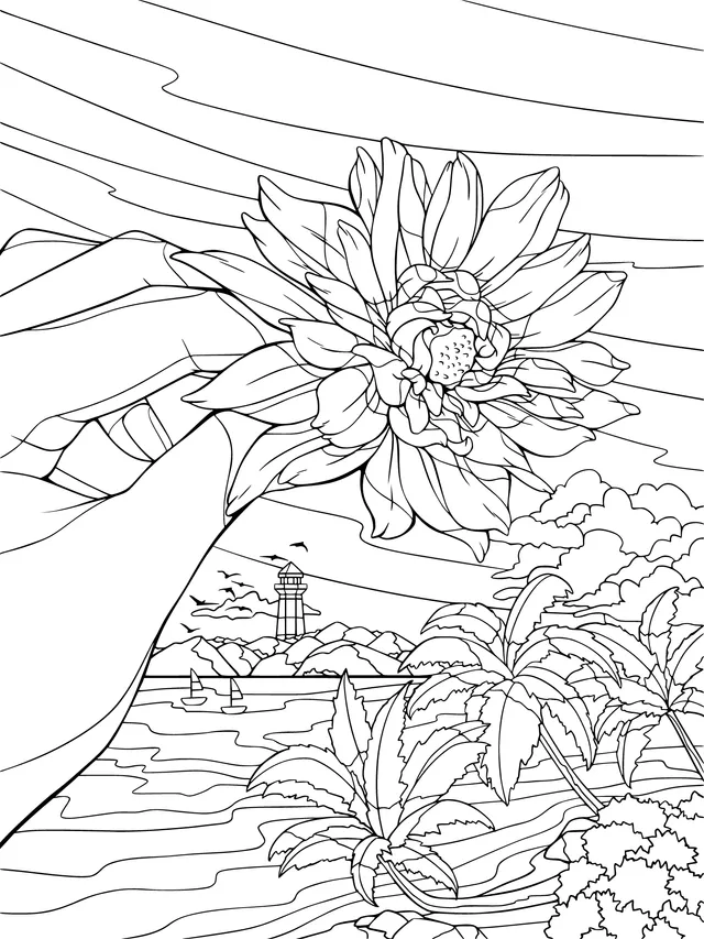 Seaside scenery with a hand - held yellow flower