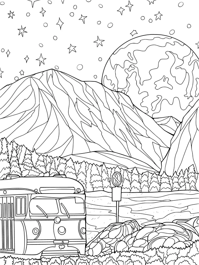 Bus in the Mountains under the Moon - lit Night