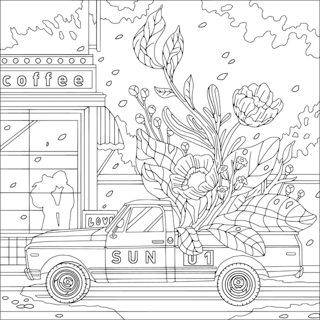 Pink pickup truck loaded with flowers