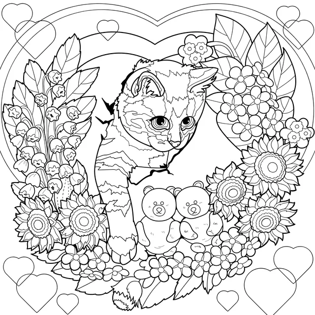 Cat and Bears in a Flower Wreath