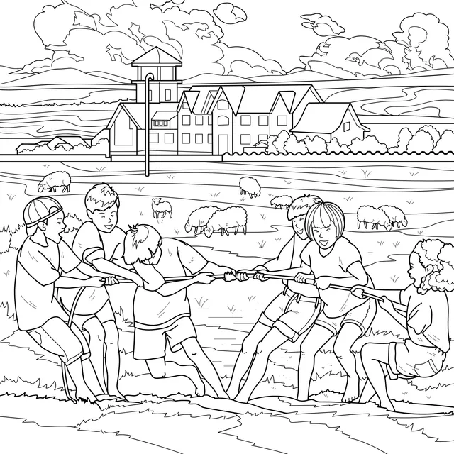Tug - of - war on the rural grassland